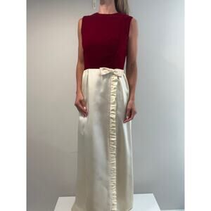 Vintage 1960s-70s Formal Column Dress by Lanz Red Velvet Ivory Satin JL